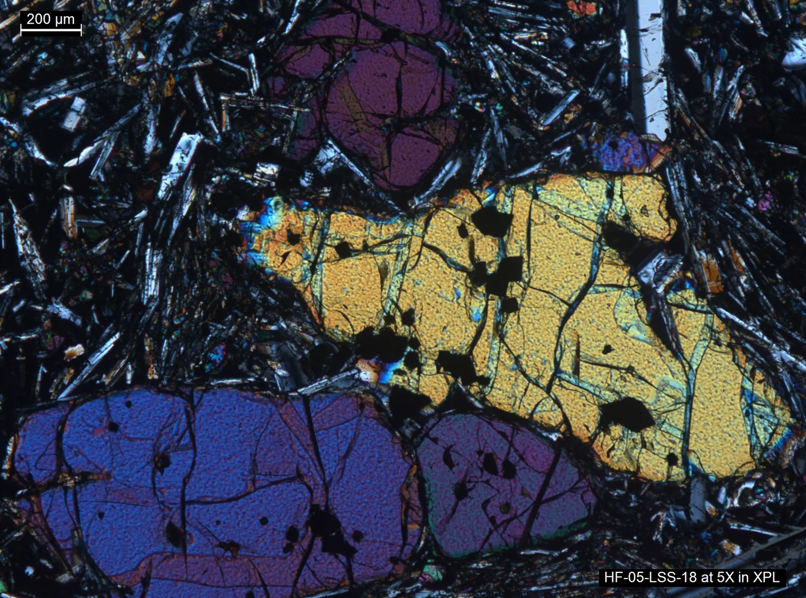 Polarized light micrograph of a Yellowstone lava thin section with colorful minerals and an embedded 200 micrometer scale bar